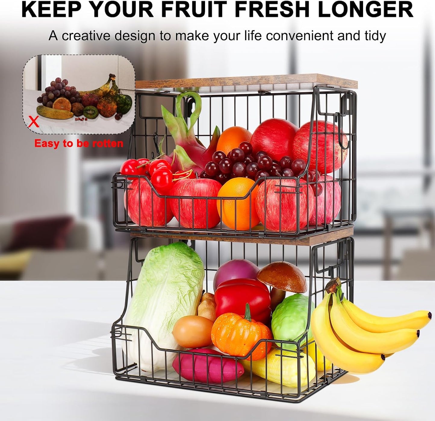 Livabber Fruit Basket for Kitchen, Metal Fruit Vegetable Storage Bin with 2 Banana Hangers, Countertop Wire Basket Organizer for Snack Potato Onion, Screw Mounted or Stand (Black, 1 Pack)