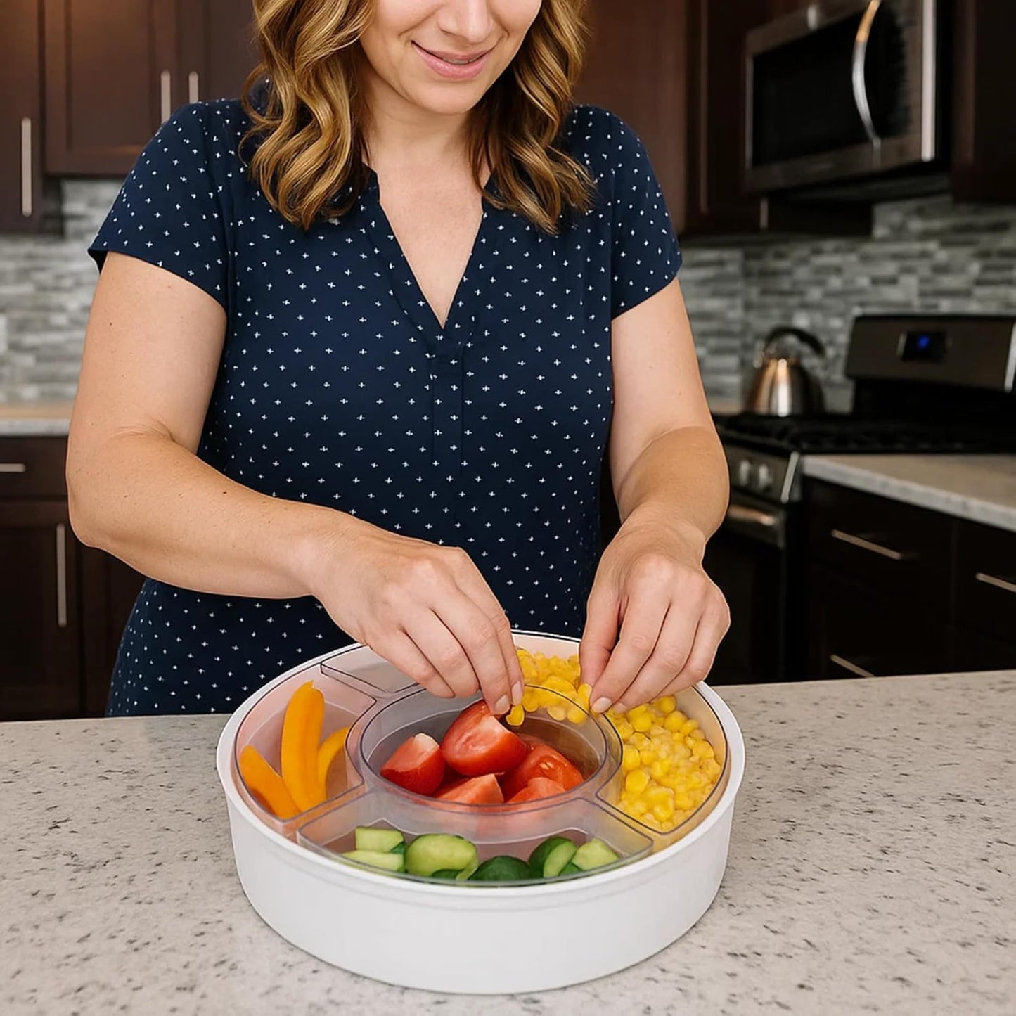 Lustroware Gourmet Palette Airtight 5-Compartment Round Serving Tray with Lid – Portable Snackle Platter & Charcuterie Organizer Box with Removable Dividers for Fruit, Vegetables, Snacks, Appetizers