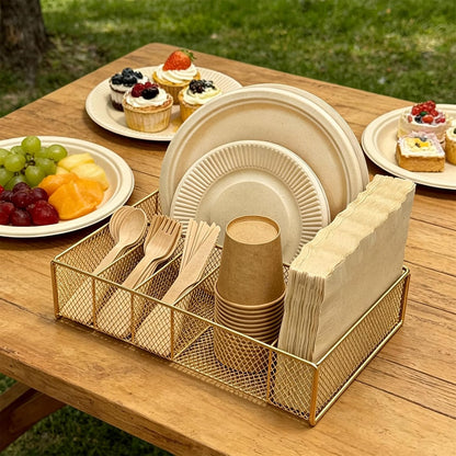 Paper Plate Organizer for Countertop - Metal Utensil Caddy Silverware Holder Cutlery Flatware Plastic Spoon Fork Plates Napkins Cup Storage Dispenser Party Picnic Essentials Camping Supplies