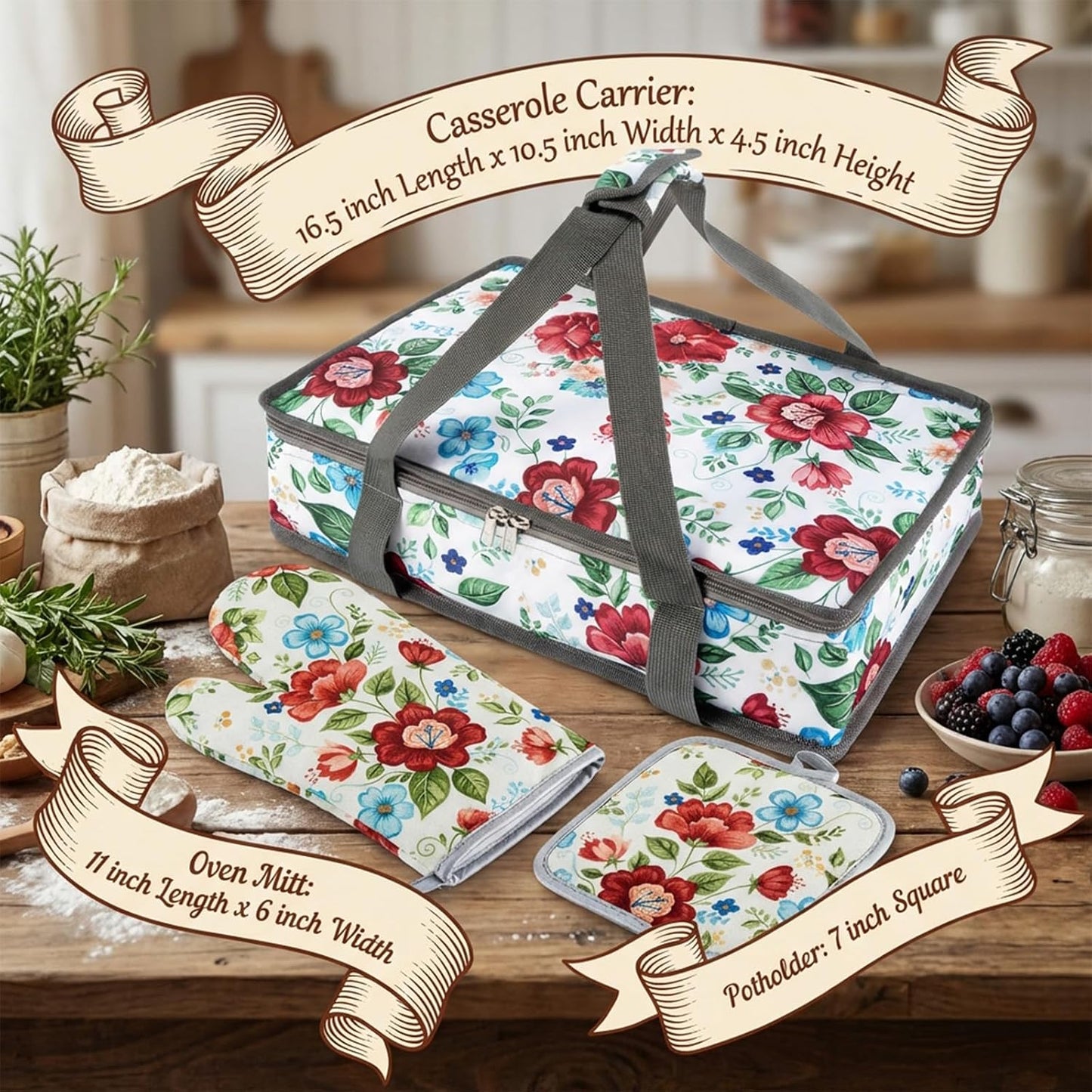 Pioneer Woman Style Insulated Casserole Carrier for Hot or Cold Food, Fits 9x13 Baking Dish,Floral Thermal Lasagna Lugger Tote with Oven Mitts and Pot Holders Set,Gift for Women, Mother's Day.3 PCS