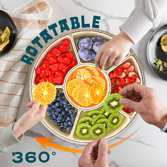 Divided Serving Tray with Lid and Handle, Fruit Platter for Snack Candy Charcuterie Organizer Portable Spinning Veggie Tray for Kitchen Party Travel and Picnic Stackable Snackle Box Container