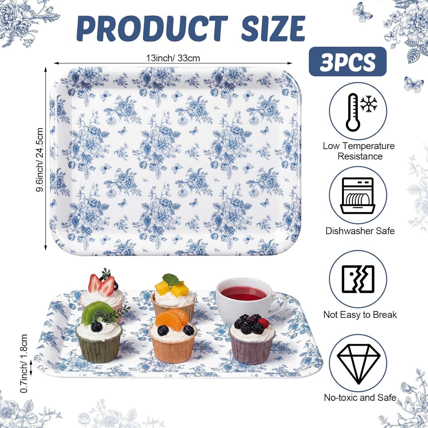 Vesici 3 Pcs Cherry Bow Serving Trays 13 x 10 Inch Pink Bow Cherry Melamine Platters Reusable Rectangular Serving Dishes for Coquette Wedding Baby Shower Birthday Party Sharing Snack Fruit Dessert