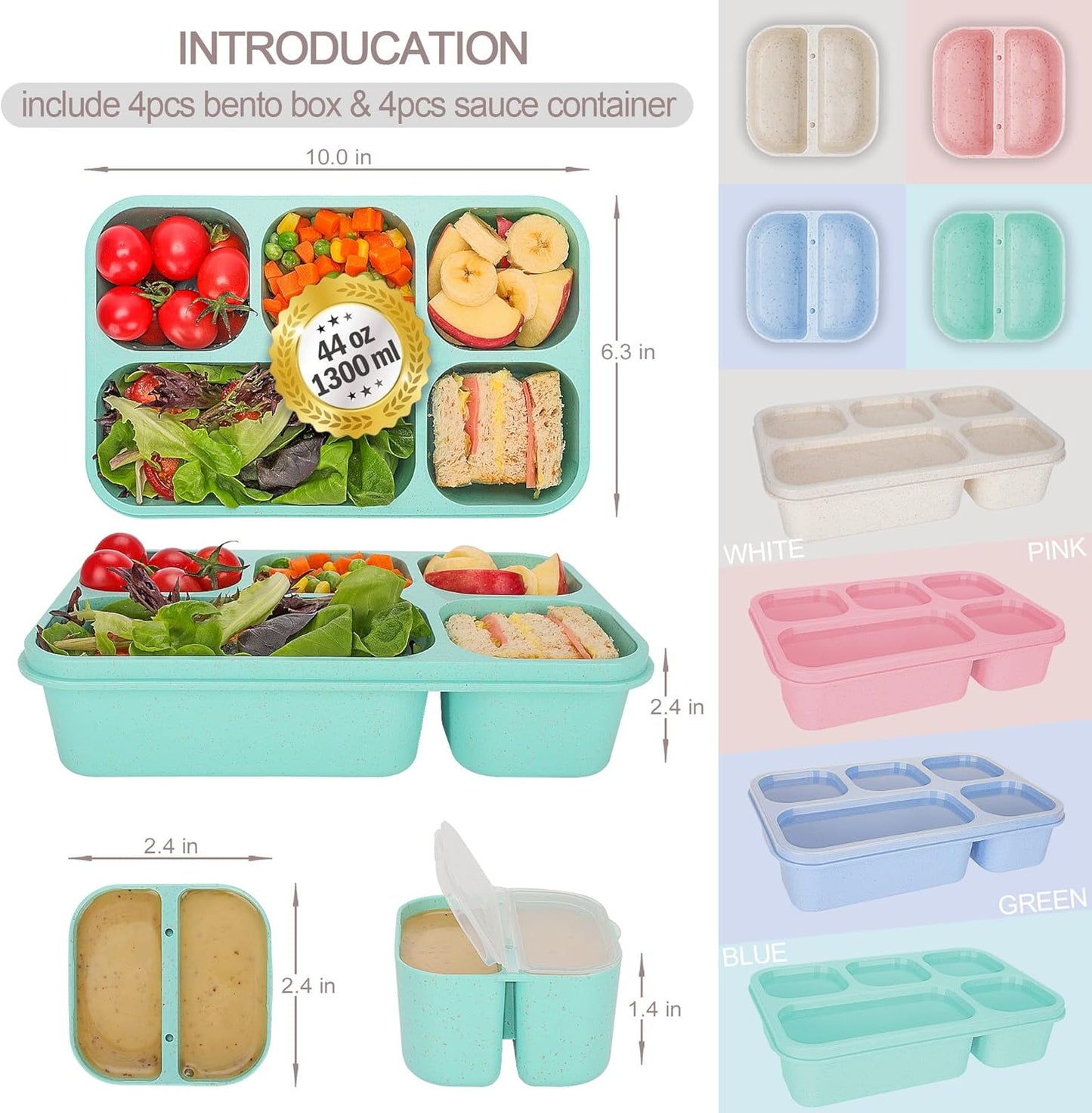 Bento Box Adult, 4 Pack 5 Compartments Meal Prep Container Reusable Food Storage Lunchable Containers with Sauce Containers, Snack Boxes For Adults Bento Box For Kids