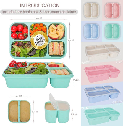 Bento Box Adult, 4 Pack 5 Compartments Meal Prep Container Reusable Food Storage Lunchable Containers with Sauce Containers, Snack Boxes For Adults Bento Box For Kids