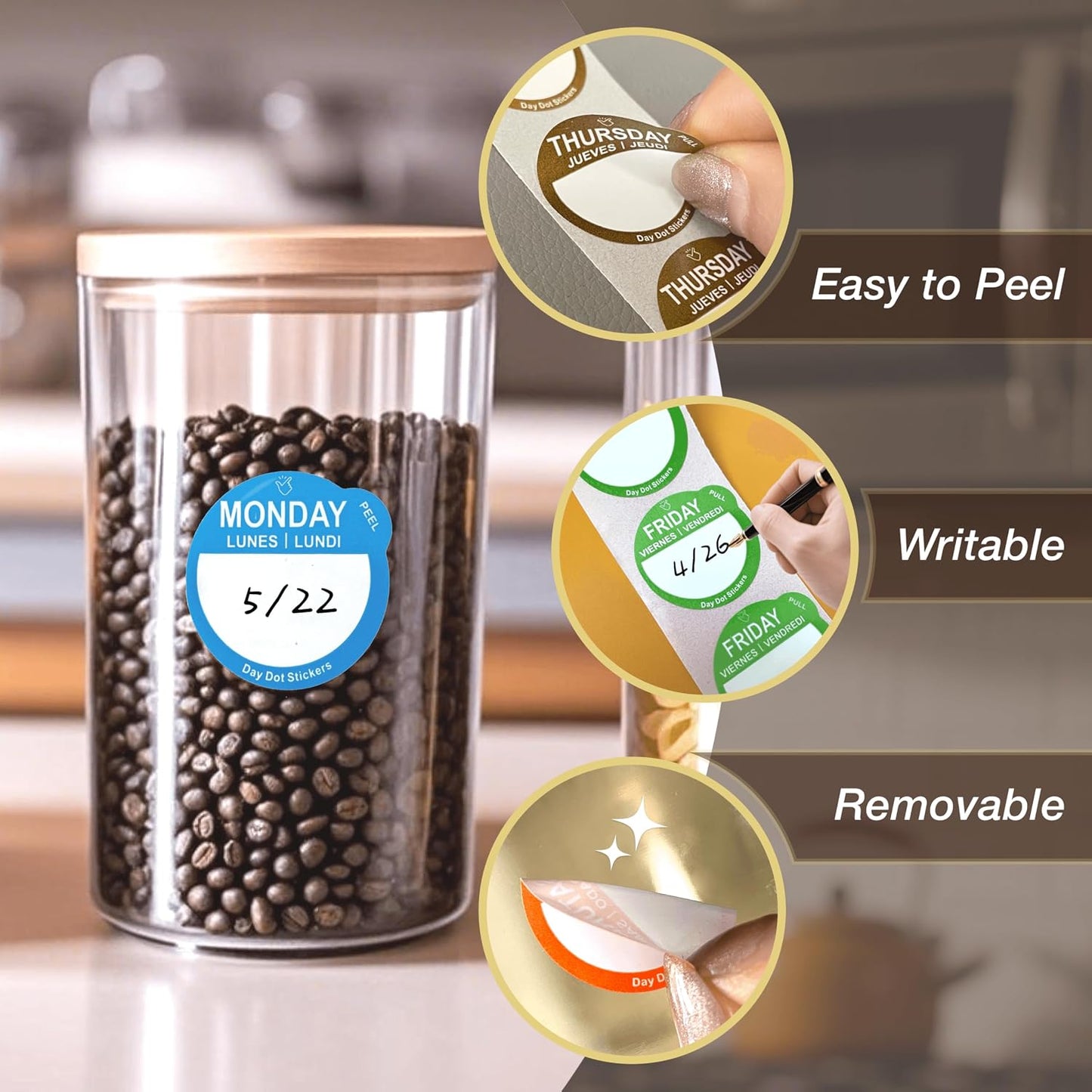Day Dots Food Labels, 1 Inch 7000 Pcs Removable Date Stickers for Food, 7 Rolls Wmiwulien Day Labels for Restaurant Kitchen Containers, Self Adhesive Day Dot Sticker
