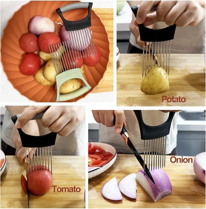 Onion Holder for Slicing | Non-Slip TPR Handle, Safe Storage Tip Cover, Multi-Purpose Food Slicer Assistant Tool