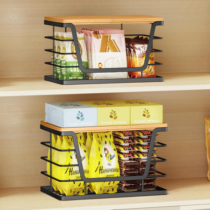 ALOCEO 2 Pack Stackable Wire Storage Basket with Bamboo Lid, Trash Bag Dispenser Under Sink for 4-13 Gal Bags, Kitchen Storage Bins for Potato and Onion, Brown