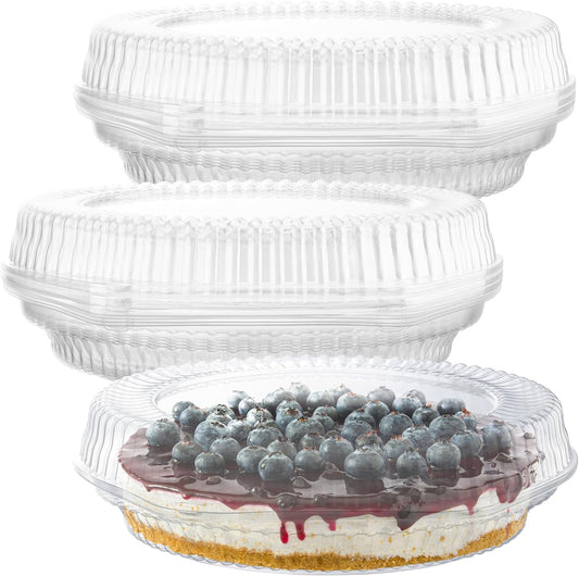 10" Plastic Disposable Pie Containers with Hinged Locking Lids | 5 Round Pie Keepers/Flan Cake Containers for Transport