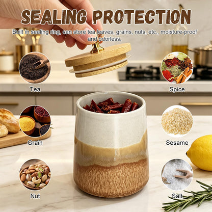 Ceramic Salt Cellar Bamboo Lid Spoon 3.5" Wide 12oz