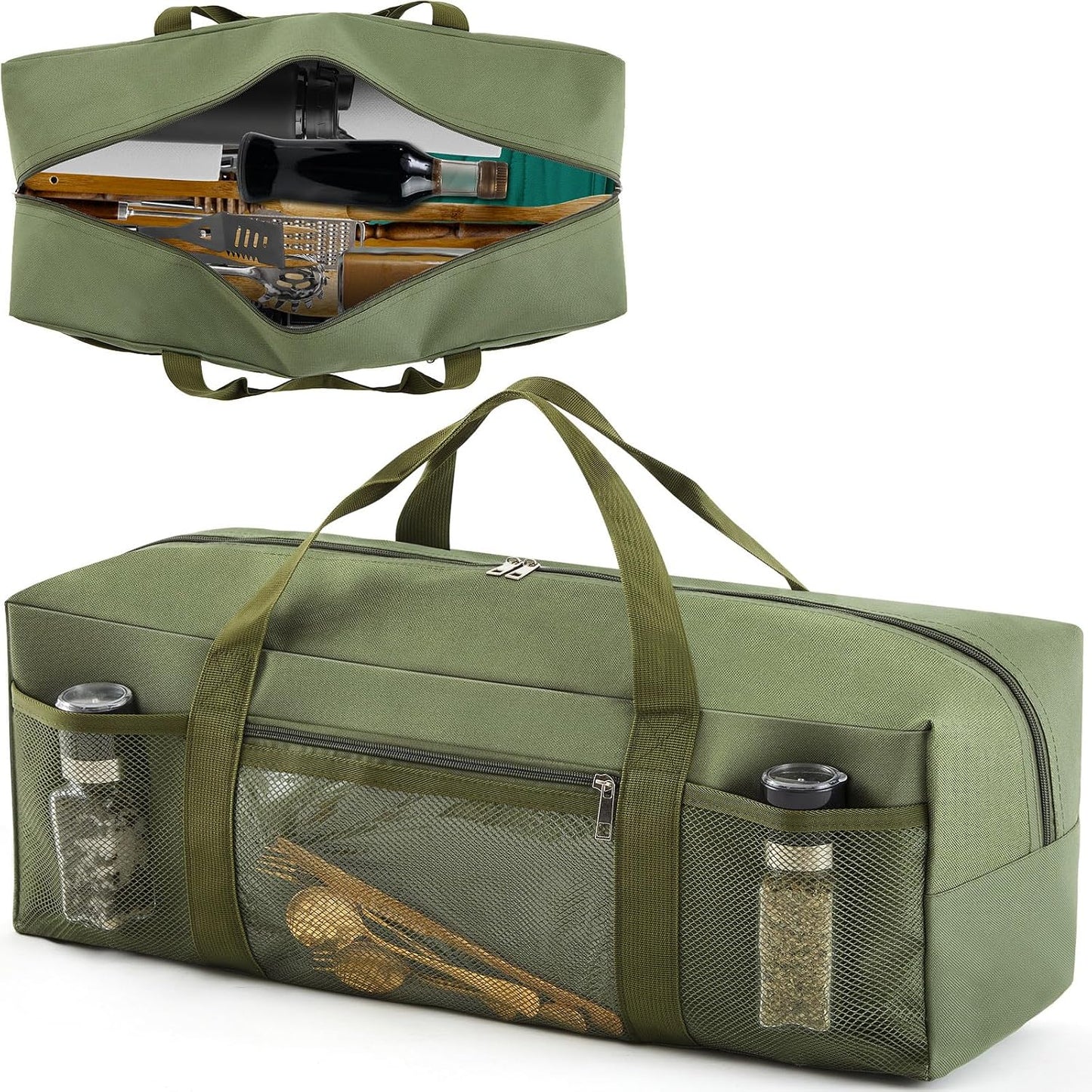 24" Grill Tool Storage Bag, Heavy Duty Waterproof BBQ Tools Bag, 24" x 8" x 8", Large Grill Utensil Storage Caddy with Pockets, BBQ Accessories for Outdoor Barbecue, Camping, Hiking(Green)