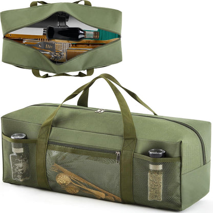 24" Grill Tool Storage Bag, Heavy Duty Waterproof BBQ Tools Bag, 24" x 8" x 8", Large Grill Utensil Storage Caddy with Pockets, BBQ Accessories for Outdoor Barbecue, Camping, Hiking(Green)
