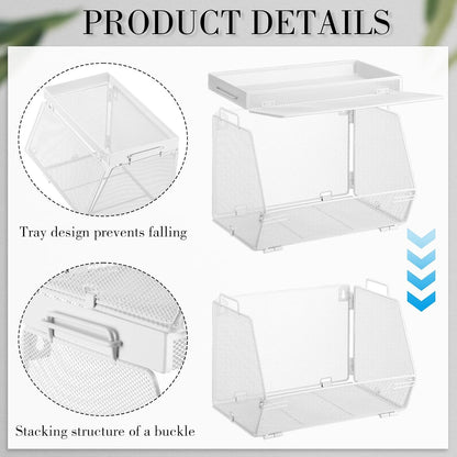 Teenyyou 2 Pcs Stackable Mesh Fruit Basket with Lid Wall Produce Vegetable Storage Basket Onion Potato Hanging Metal Wire Container for Kitchen Counter Pantry(Non-removable,Black,8.3" w & 13.8" l)