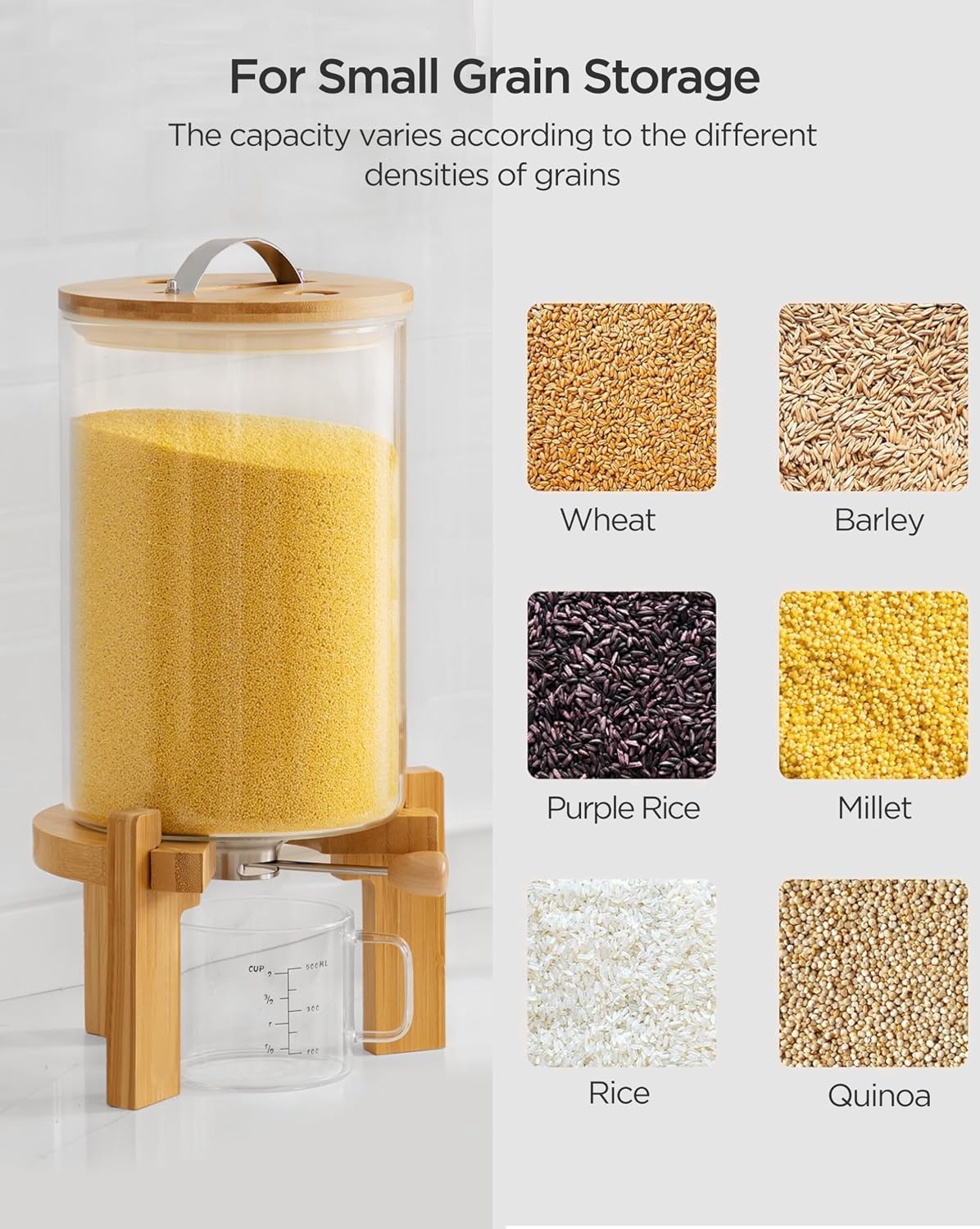 HBlife 5-7 Lbs Glass Rice Dispenser with Wooden Stand Flour and Cereal Container with Glass Measuring Cup Pantry Food Organization Storage Bin with Airtight Bamboo Lid, 3L