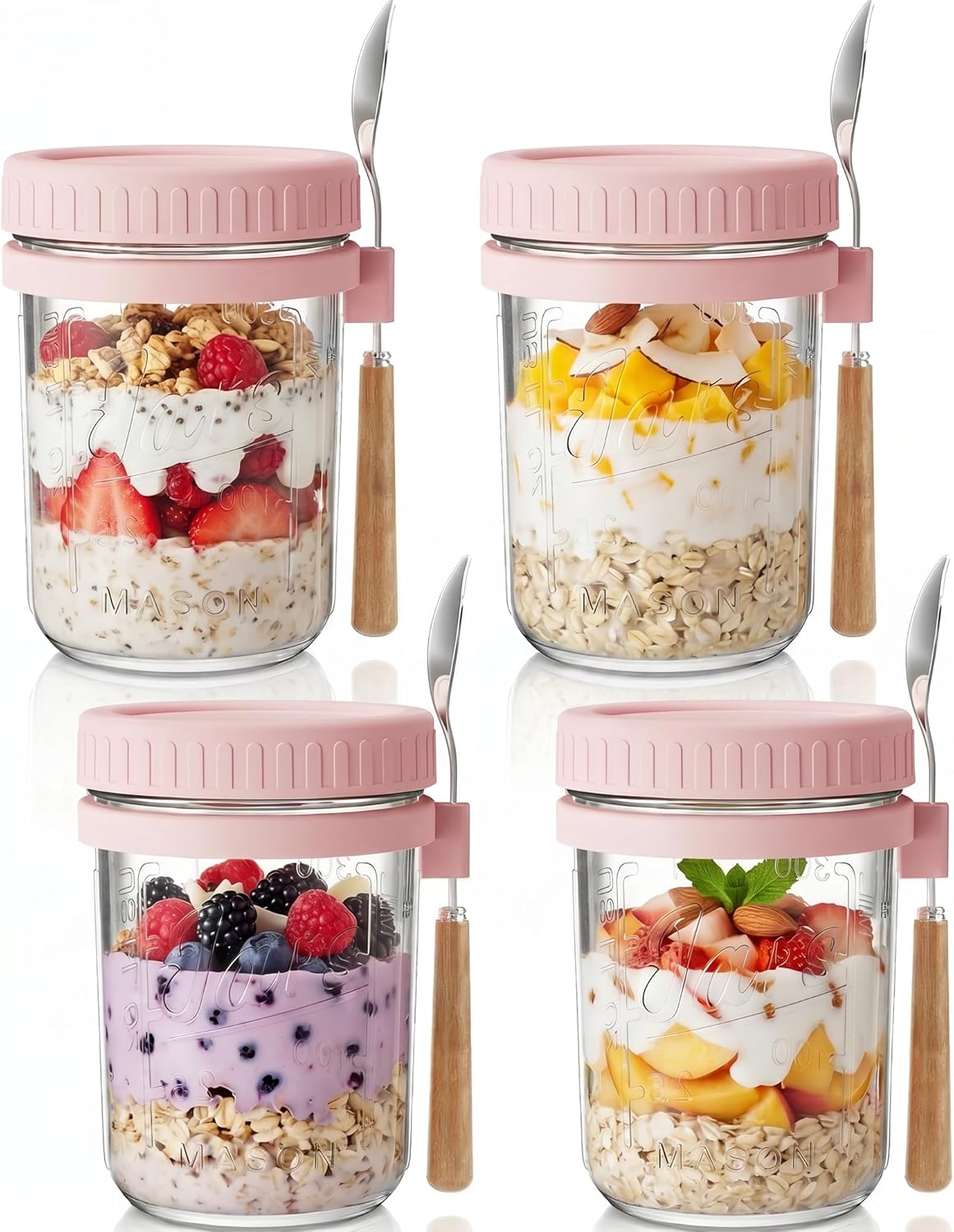 HomArtist 16oz Glass Overnight Oats Containers with Lids and Spoons, 4 Pack | Wide Mouth Glass Jars with Airtight Lids, Perfect for Chia Pudding, Yogurt, Salad & Cereal Meal Prep Storage, Food Safe