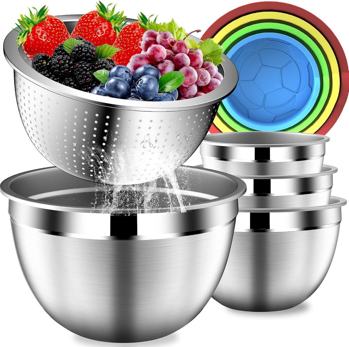 DUTZUN Mixing Bowls with Lids Set - 16pcs Stainless Steel Mixing Bowl Set with Colander, 3 Grater Attachments, Non-Slip Bottom, Metal Nesting Bowls with Strainer for Mixing & Serving - Black