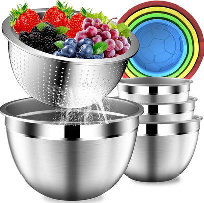 DUTZUN Mixing Bowls with Lids Set - 16pcs Stainless Steel Mixing Bowl Set with Colander, 3 Grater Attachments, Non-Slip Bottom, Metal Nesting Bowls with Strainer for Mixing & Serving - Black