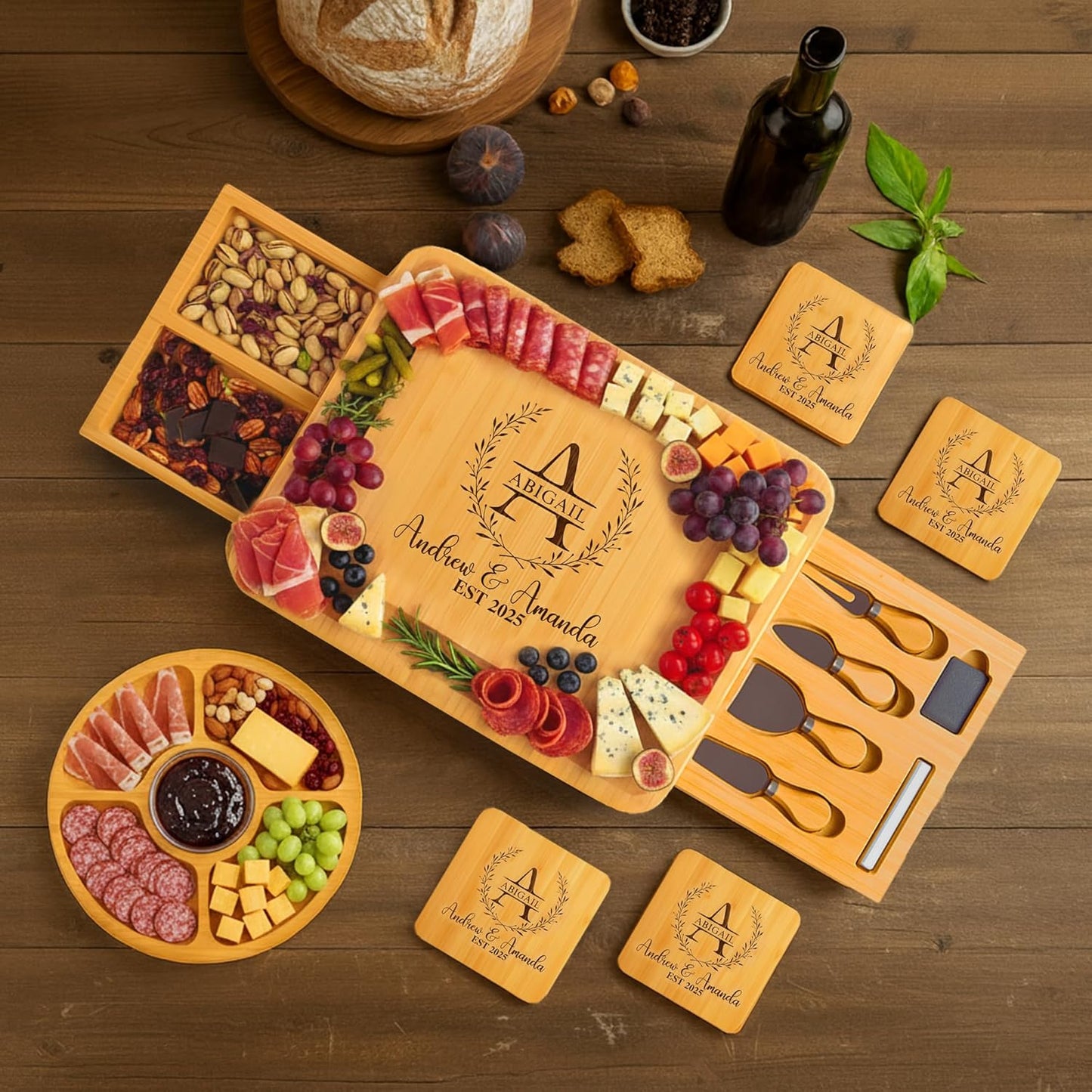 Personalized Bamboo Charcuterie Board Set with Accessories – Custom Large Serving Tray with Knives for Wedding, Anniversary, Bridal Shower, Women, Housewarming, Engagement, Couples, Mother’s Day Gifts