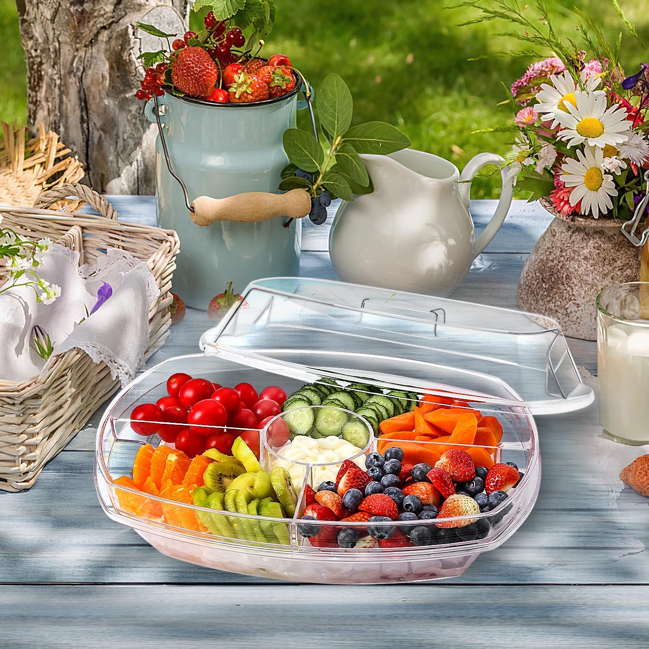 IVYHOME Chilled Condiment Server, Fruit Ice Serving Platter for Parties, Condiment Pots, Taco Bar Serving Set, Chilled Food Containers (Octagonal)