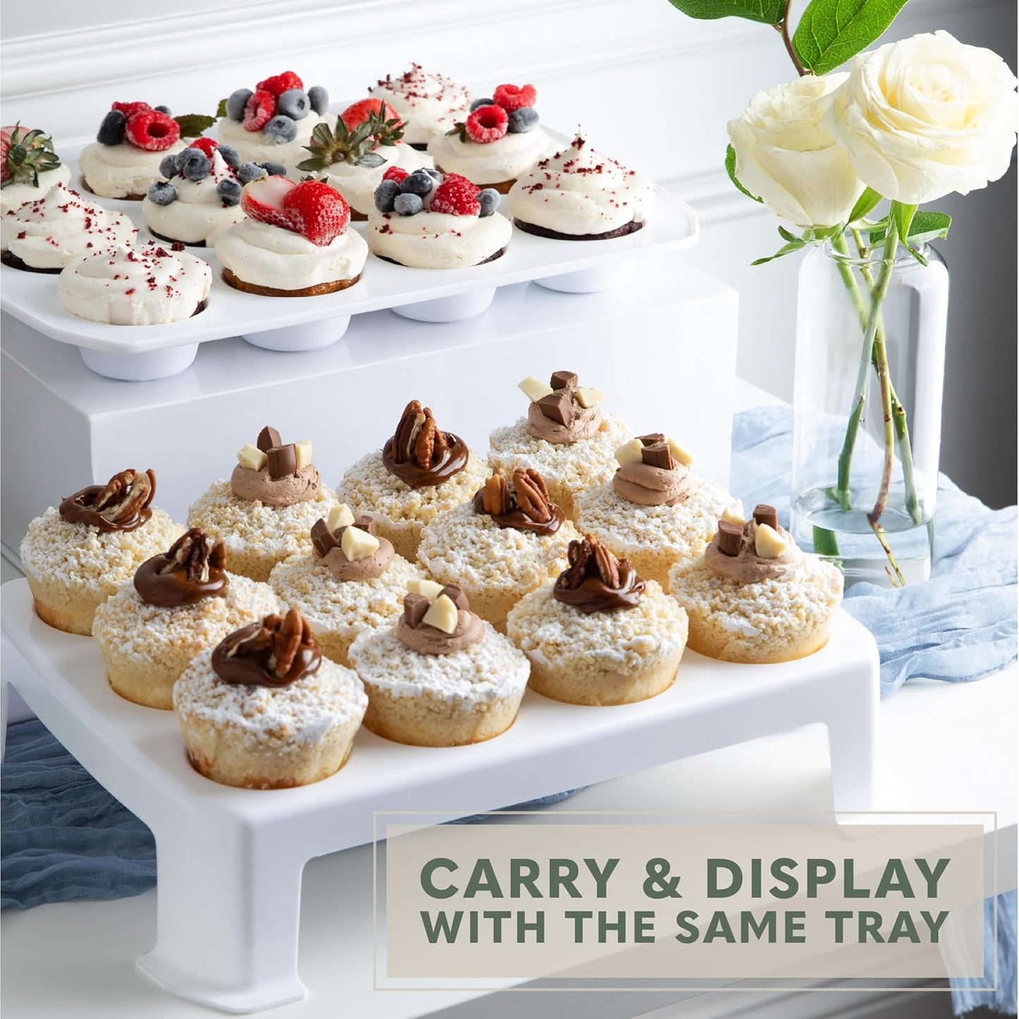 EXTRA TALL DOME 24 Cupcake Carrier, Green Cupcake Holder Carries 24 Cupcake Storage Container, Muffin Traveler Two Tier Stand Reusable Cupcake Box