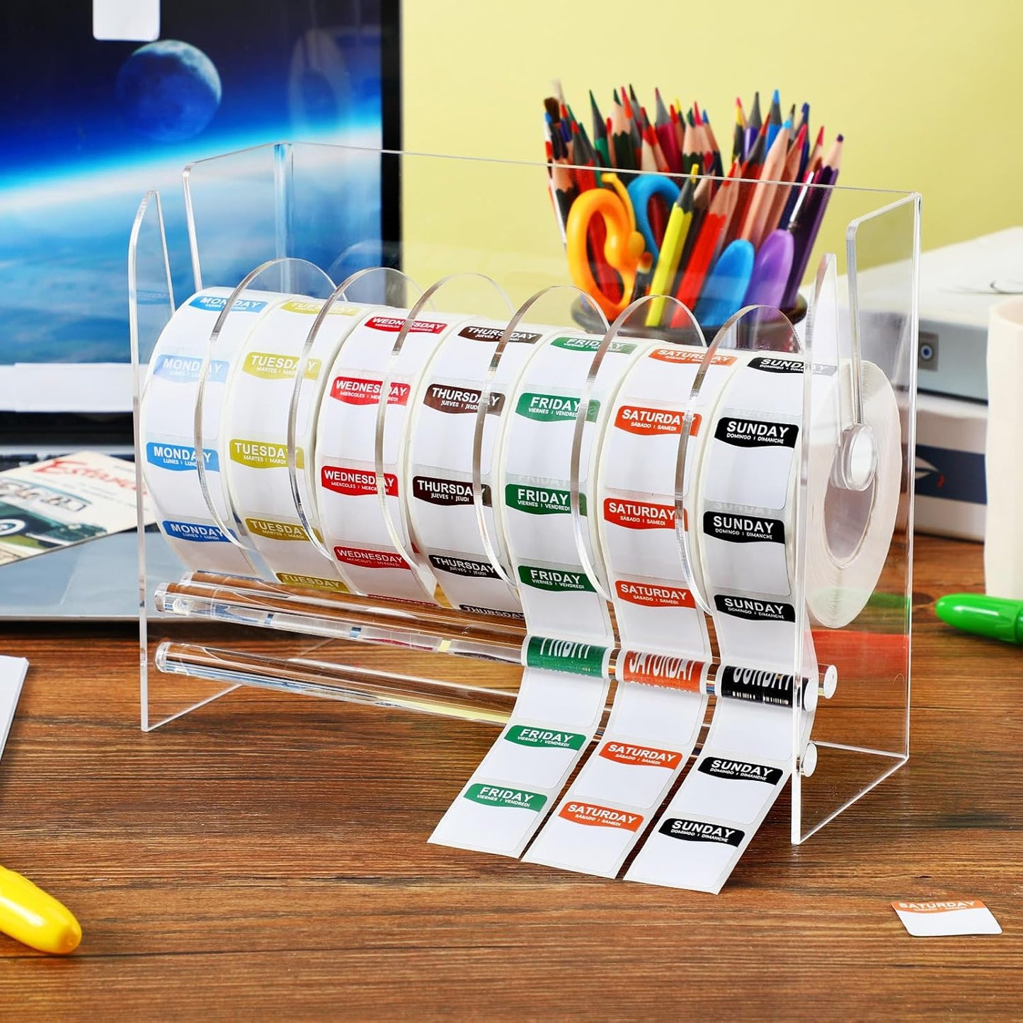 Resurhang 7000 Pcs Day of The Week Labels Food Labels with Adjustable Label Dispenser Monday Through Sunday Management Inventory Stickers Removable Weekly Self Adhesive Date Dot Stickers (Square)