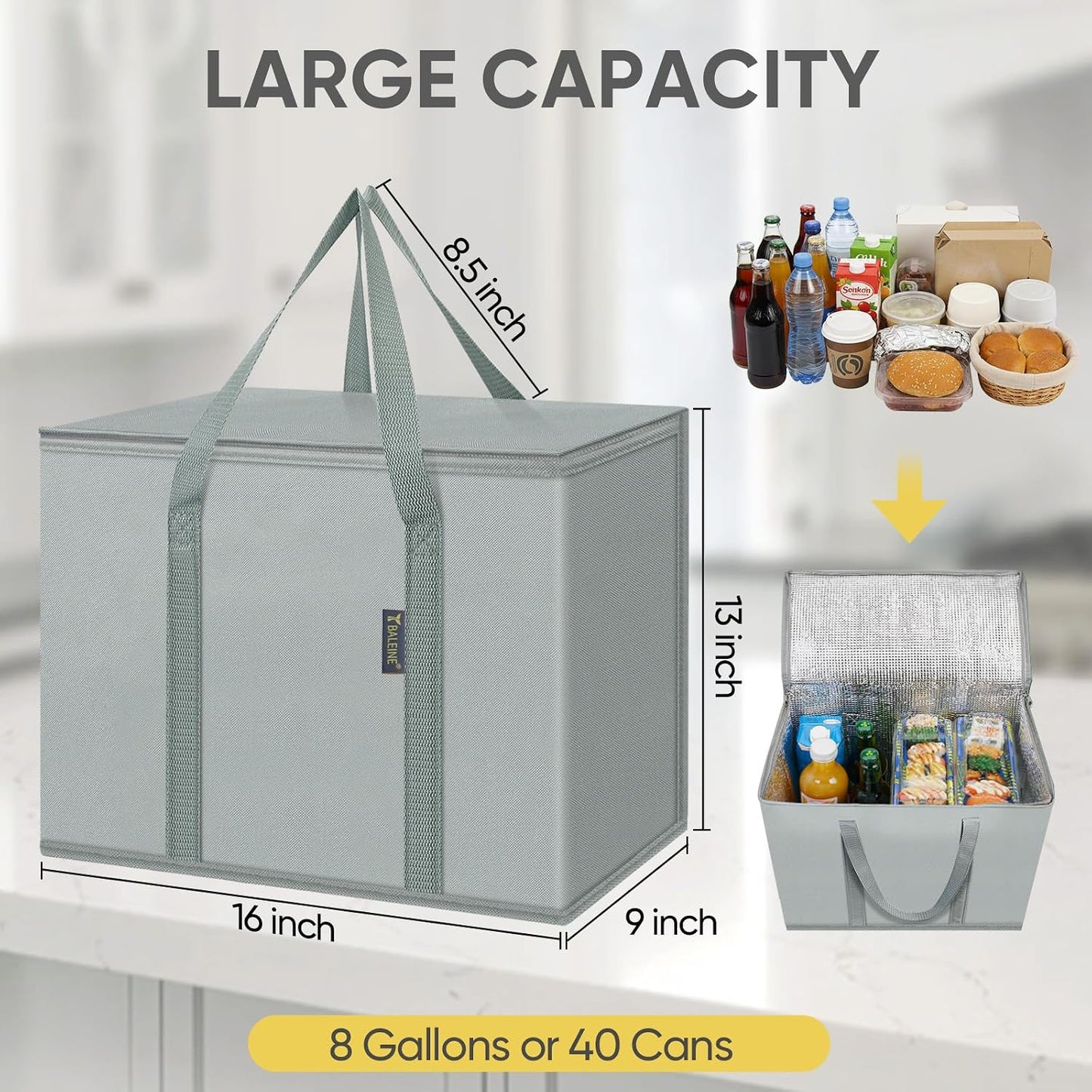BALEINE 2Pk Insulated Reusable Grocery Bags, Collapsible Cooler Bag for Groceries, Heavy Duty Large Insulated Bag (16''x9''x13'', Antique Foliage)