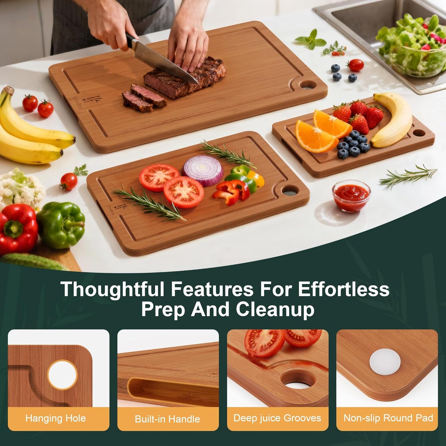 Bamboo Cutting Boards for Kitchen, 3-Piece Set with Juice Grooves, Side Handles & Non-Slip Mats – Durable Bamboo Chopping Board for Meat, Vegetables and Fruits Ideal Kitchen Gifts