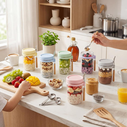 HomArtist 16oz Glass Overnight Oats Containers with Lids and Spoons, 4 Pack | Wide Mouth Glass Jars with Airtight Lids, Perfect for Chia Pudding, Yogurt, Salad & Cereal Meal Prep Storage, Food Safe