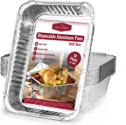 Rectangular Disposable Aluminum Pans with Clear Lids - (25 Pack/Lids), Durable Roasting Pan, Cookware, Baking, Meal Prep, Food Leftovers, Steam Table Tray, BBQ Safe & Spill Free