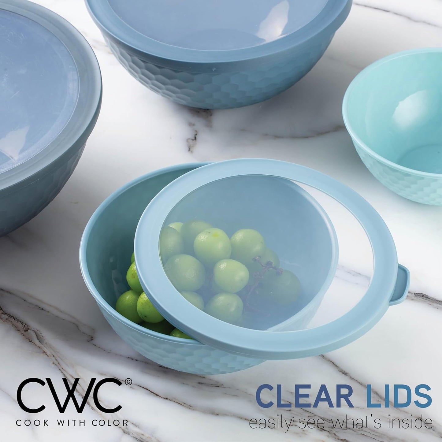 COOK WITH COLOR Mixing Bowls with Lids - 12 Piece Plastic Nesting Bowls Set includes 6 Prep Bowls and 6 Lids, Microwave Safe Mixing Bowl Set, Pink Embossed - Colors B