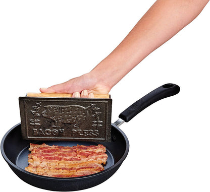 HIC Kitchen Bacon Press, Heavyweight Cast Iron, Rectangular With Wood Handle, For Stovetop Grill And Griddle