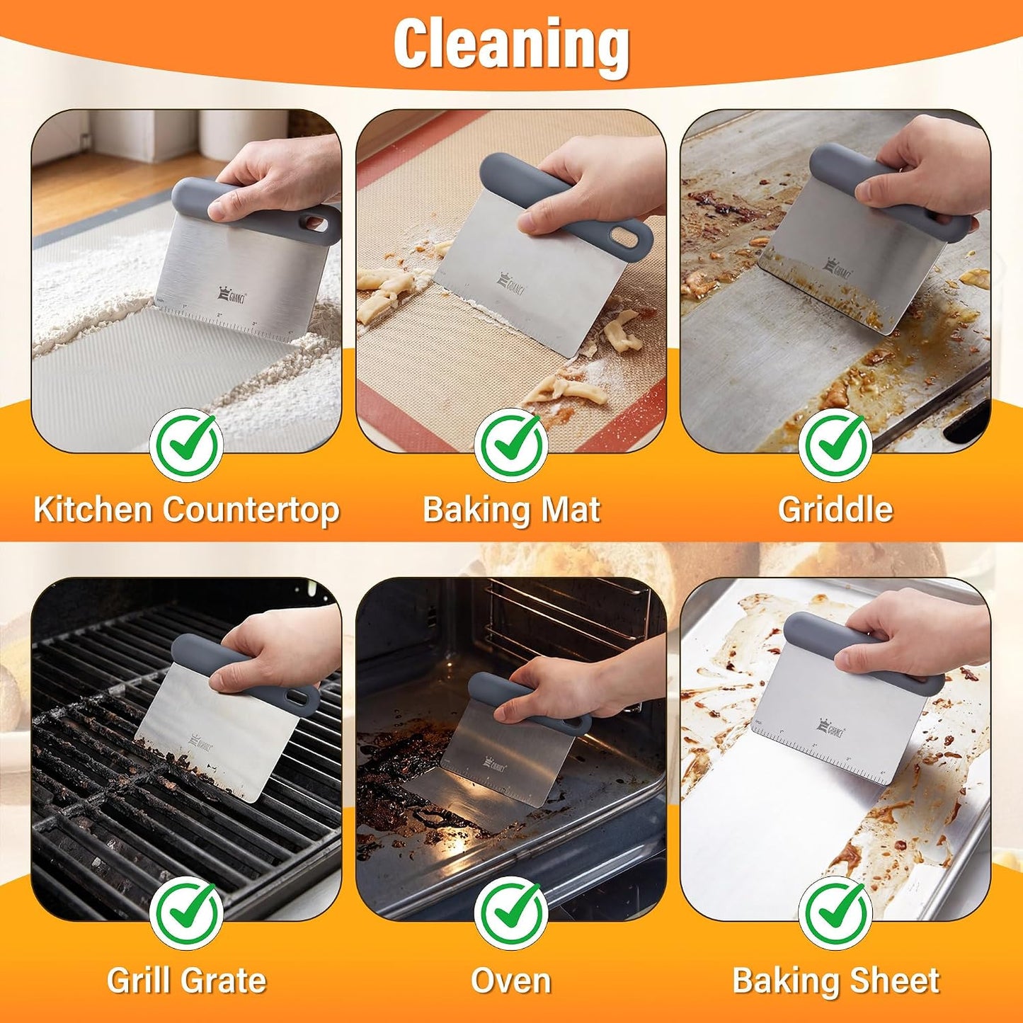 Bench & Dough Scraper Set of 4, Flexible Stainless Steel Kitchen Scraper with Platinum Silicone Non-Slip Grip, Multipurpose Food Scraper for Dough, Dishwasher Safe, Measuring Scale & Conversion Chart