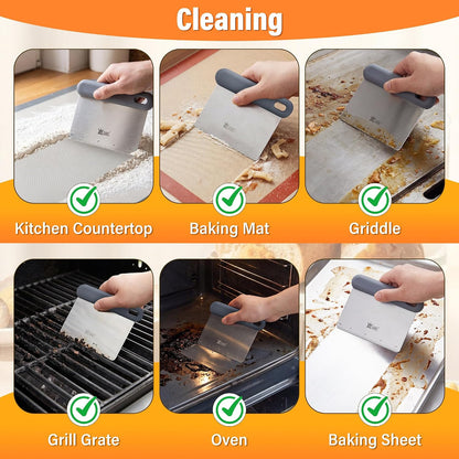 Bench & Dough Scraper Set of 4, Flexible Stainless Steel Kitchen Scraper with Platinum Silicone Non-Slip Grip, Multipurpose Food Scraper for Dough, Dishwasher Safe, Measuring Scale & Conversion Chart