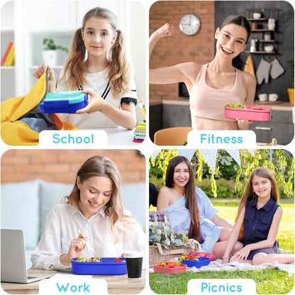 Lunch Box Kid Adult Bento Box, 4-Compartment Food Lunch Containers with Fork & Spoon, BPA Free, Leak-Proof Bento-Style Lunch Box for Work School, Microwave & Dishwasher Safe (Candy)