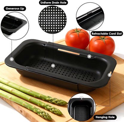 Extendable Colander Strainer Basket, Over the Sink Colander and Strainer for Kitchen, Wash Vegetables and Fruits, Drain Pasta and Dry Dishes, Adjustable Colander from 13.5In to 18.7In, Black
