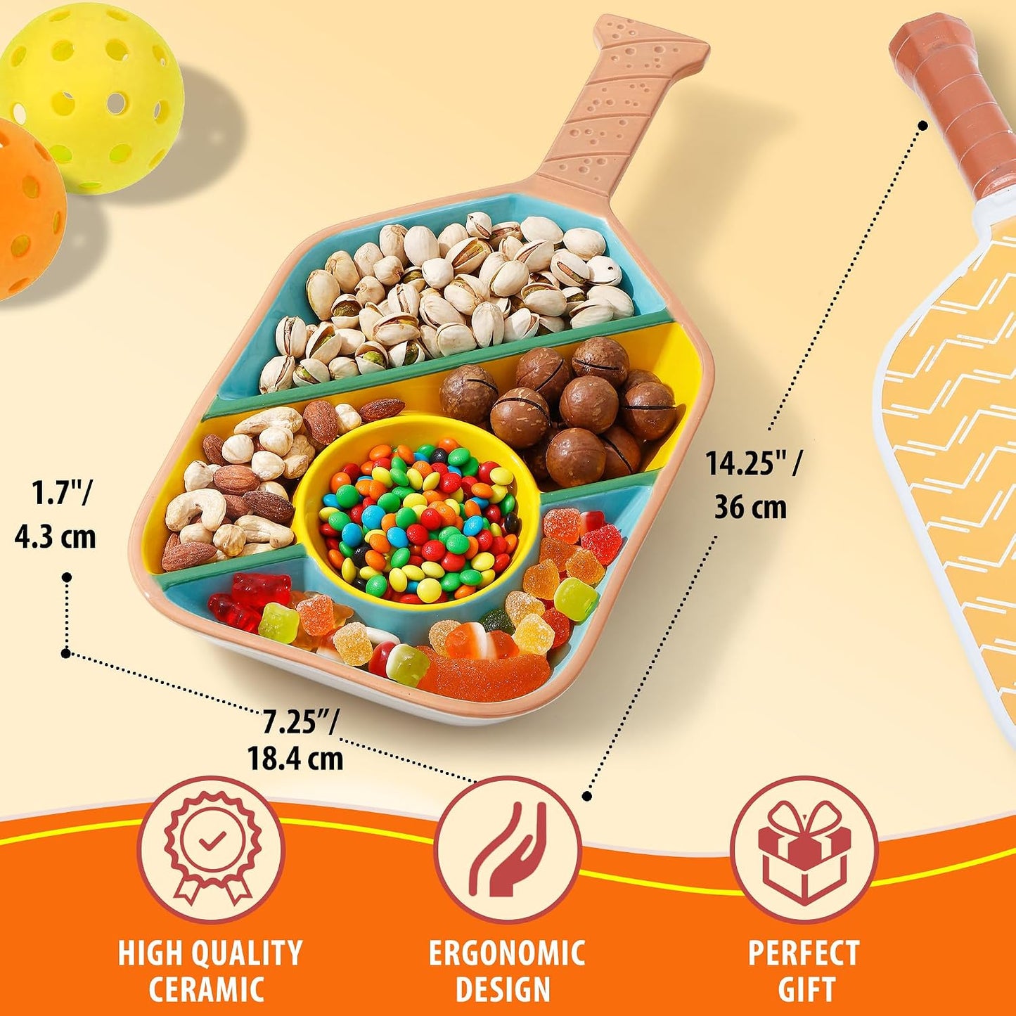 Pickleball Paddle Snack Tray - Cool Pickleballs Serving Tray for Snack - Paddle-Shaped Serving Tray with Compartments - Unique Divided Snack Trays for Pickleball Fans