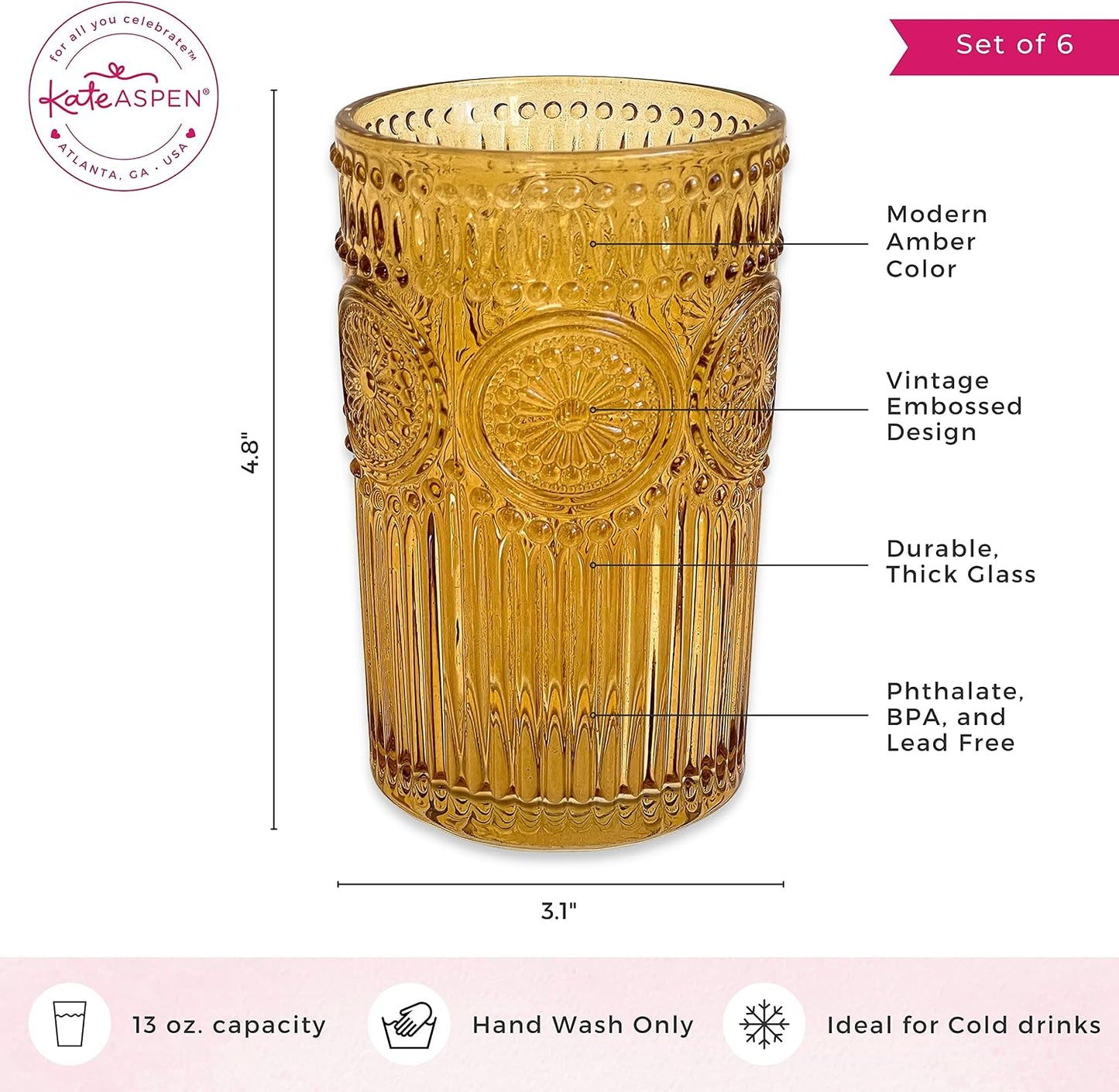Kate Aspen Vintage Textured Aqua Blue Striped Drinking Glasses Set of 6-13 oz Ribbed Glassware with Flower Design | Cocktail Set, Juice Glass, Water Tumbler