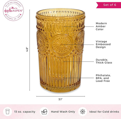 Kate Aspen Vintage Textured Aqua Blue Striped Drinking Glasses Set of 6-13 oz Ribbed Glassware with Flower Design | Cocktail Set, Juice Glass, Water Tumbler
