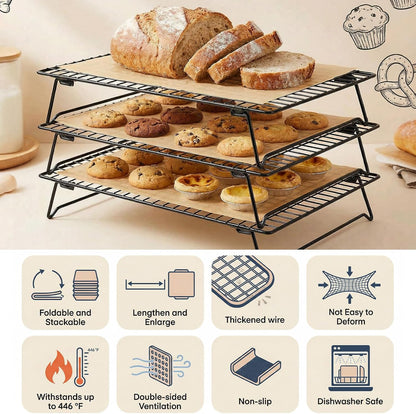 3-Tier Stackable Cooling Rack for Cooking and Baking, 17" x 11" Large Black Wire Cooling Rack, Foldable & Heavy Duty Cookie Cooling Rack, Oven Safe Baking Rack