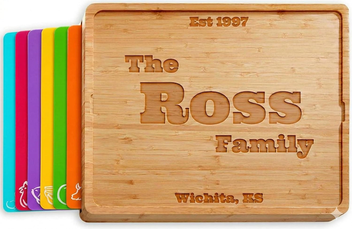 Bamboo Cutting Board Set with 6 Color Coded Flexible Mats Food Icons, BPA-Free Non Slip Easy Clean Cutting Boards for Kitchen with Holder, Dishwasher Safe, Meal Prep & Serving, Large | Cooler Kitchen