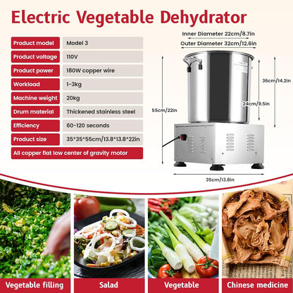 JIAWANSHUN Electric Commercial Salad Spinner Large Inner Capacity 10L(3kg Vegetable), 110V Stainless Steel Lettuce Spinner Vegetable Dryer for Canteens Hotels and Restaurants, One Key Switch