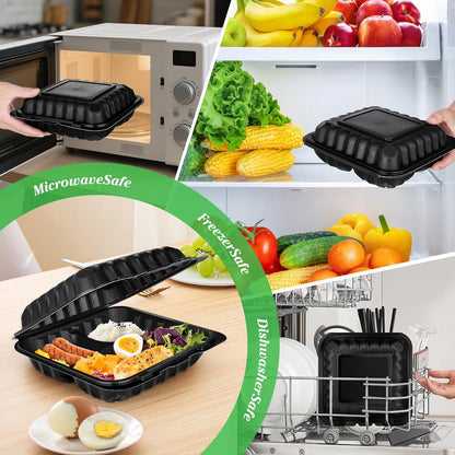 50Pack 8" X 8" 3-Compartment Clamshell To Go Food Containers With Secure Snap Lids - Heavy Duty Take out Containers Disposable To Go Plate For Carryout Meal Prep Catering (Black 3-Compartment)