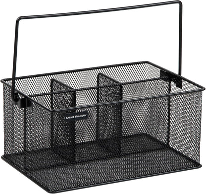 Mind Reader Multi-purpose Storage Caddy with Handle, Desktop Organizer, Cutlery Holder, 4 Compartments, Metal Mesh, Black