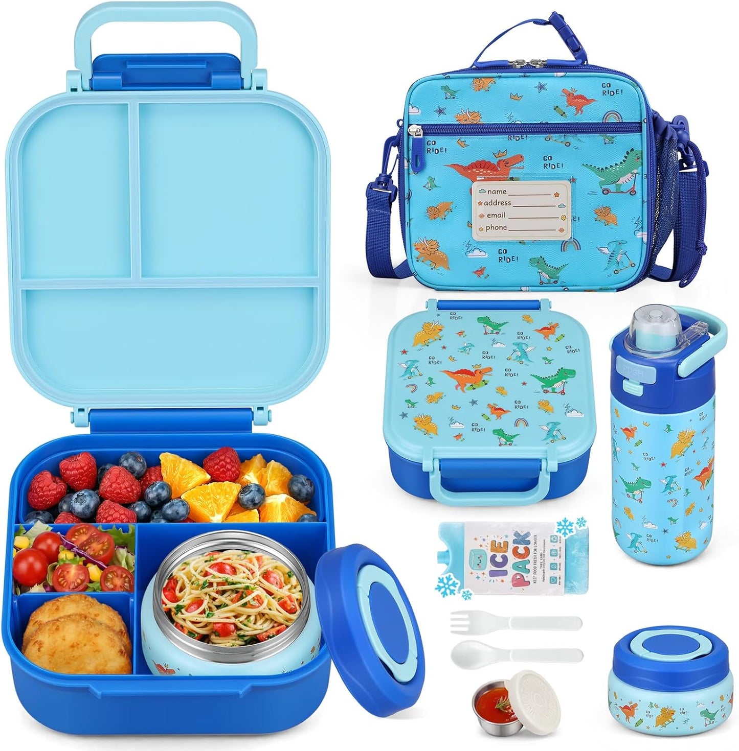 Itslife Bento Box for Kids Set, Insulated Food Container,Kids Lunch Box, 7 oz Thermos for Hot Food, 12 oz Thermos Water Bottle, Reusable Insulated Ice Bag & Fork Spoon Utensils Camping Travel Pink