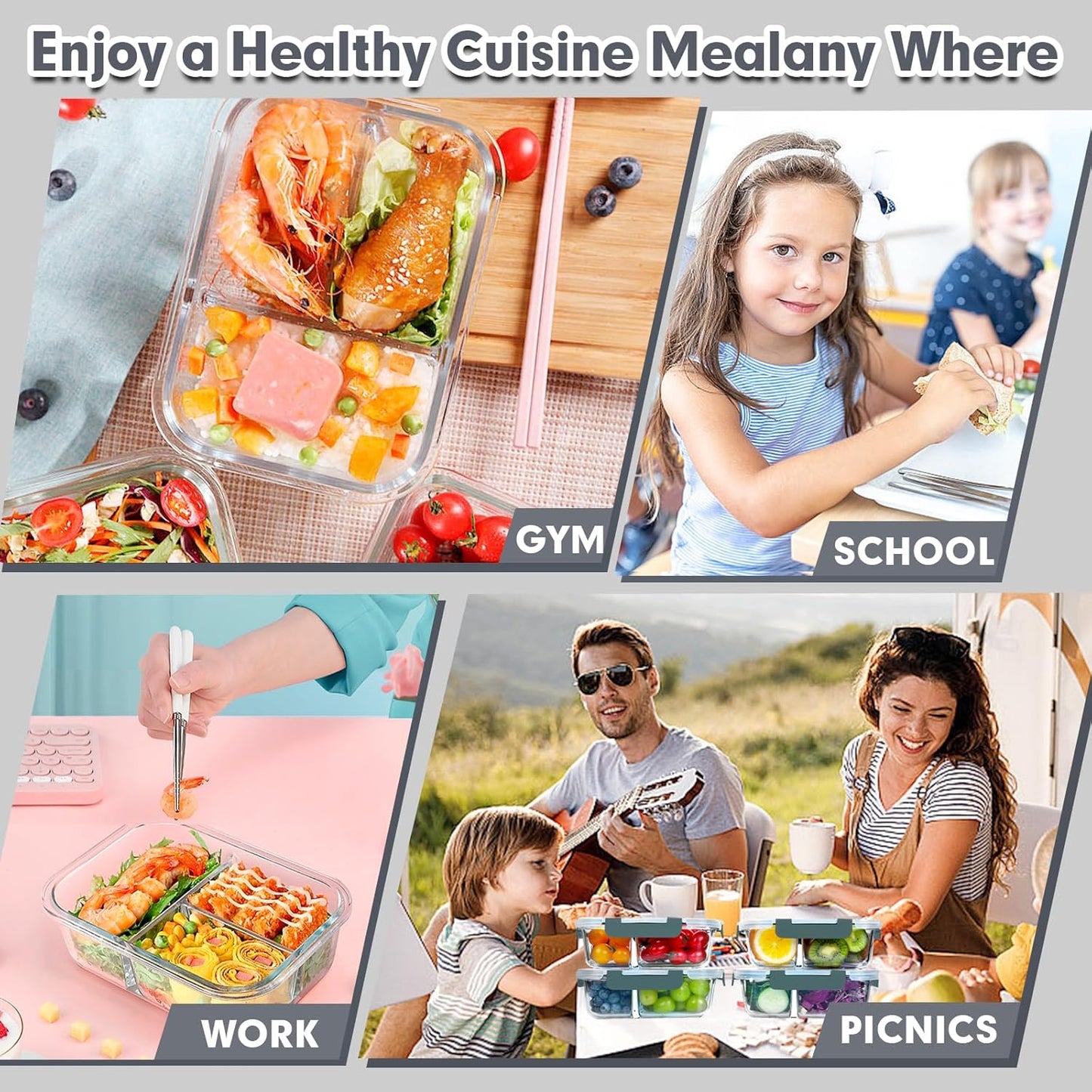 VERONES 5 Pack Glass Meal Prep Containers 3 Compartment Set, 36OZ Airtight Glass Lunch Containers, Glass Food Storage Containers with Lids, for Microwave, Oven, Freezer & Dishwasher Friendly,Green