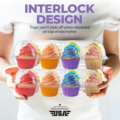 Plastic Cupcake Containers Boxes | 12 Compartment – 8 Pack | Disposable High Dome Dozen Cupcake Holder With Lid Bulk | Extra Sturdy Stackable Cupcake Boxes | Durable Muffin Packaging Transporter To Go