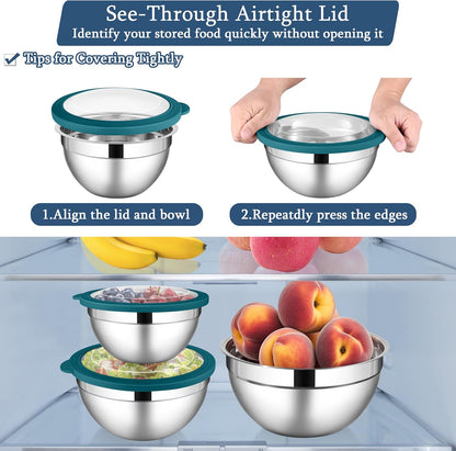 LIANYU Mixing Bowls with Airtight Lids Sets, 3 Packs Stainless Steel Metal Mixing Bowls, Ideal for Prepping, Cooking, Storage, Serving, Freezer & Dishwasher Safe, Khaki