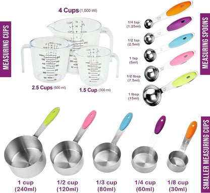 Measuring Cups and Spoons Set. Includes 10 Stainless Steel Measuring Spoons and Cups Set and 1 Plastic Measuring Cup. Liquid Measuring Cups Set and Dry Metal Measuring Cup Set