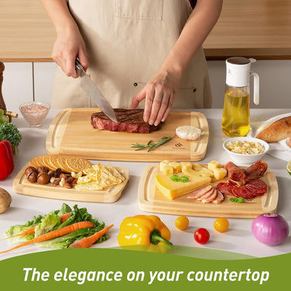 3 Packs Bamboo Cutting Board Set with Non Slip Feet and Over Sink Nice Solid Thick Wood Juice Groove Chopping Board Extra Large Big Small Best Hardwood Kitchen Counter Organic Vegetable