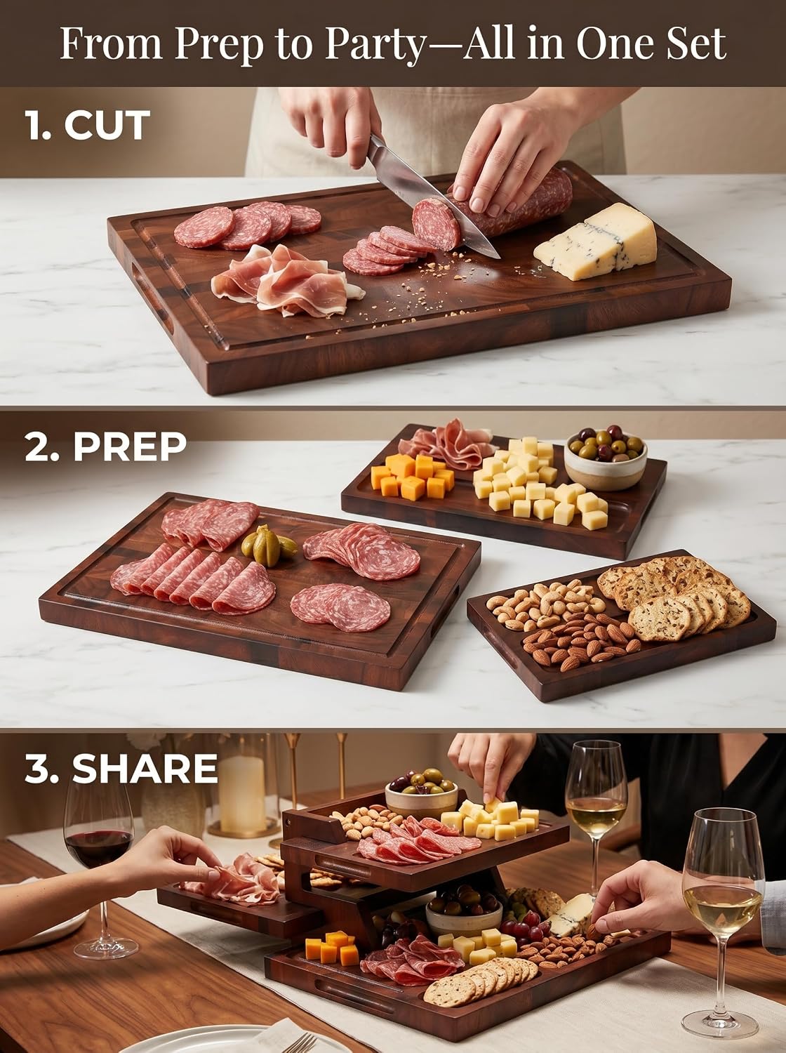 CARTMAN 3-Piece Walnut Cutting Board Set with Dual-Purpose Holder, End Grain Wood Cutting Boards for Kitchen, Perfect for Meat, Vegetables and Charcuterie Displays