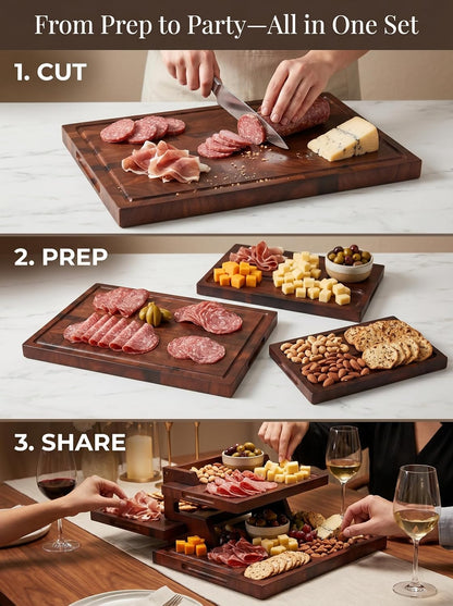 CARTMAN 3-Piece Walnut Cutting Board Set with Dual-Purpose Holder, End Grain Wood Cutting Boards for Kitchen, Perfect for Meat, Vegetables and Charcuterie Displays